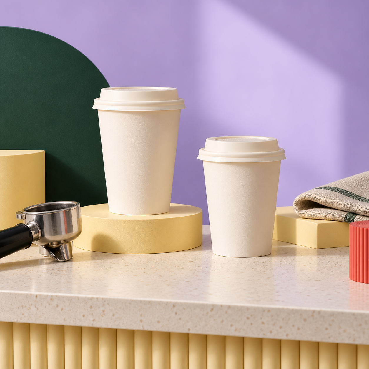 Two plain paper coffee cups arranged on a modern café counter