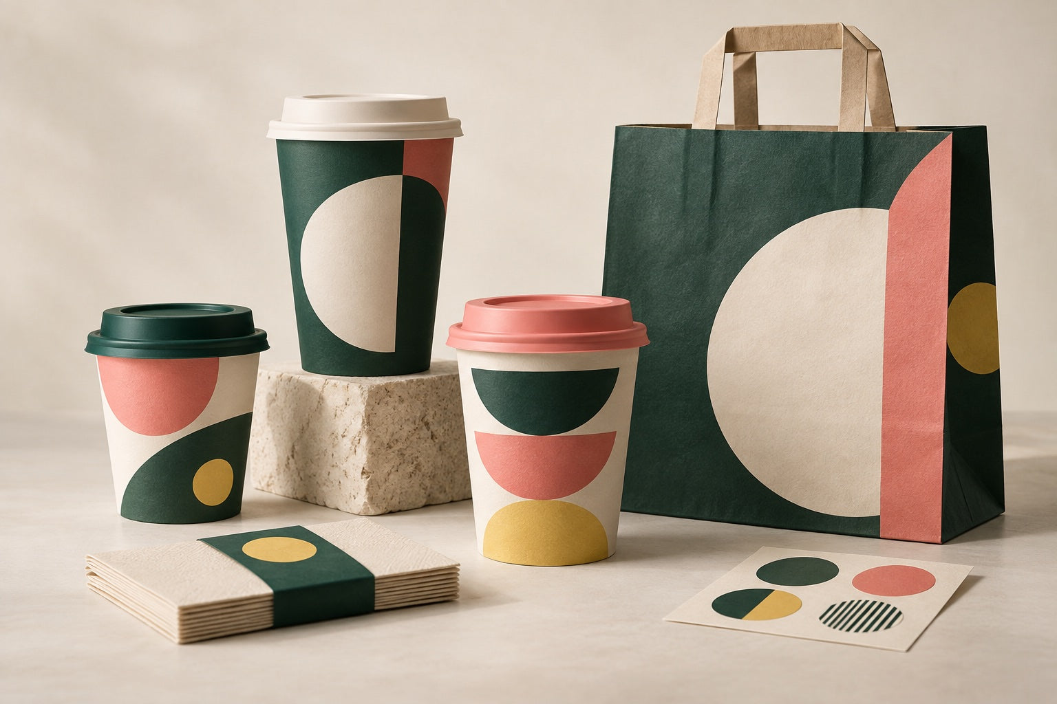 Bespoke café packaging concept with coordinated printed coffee cups, bag and paper accessories