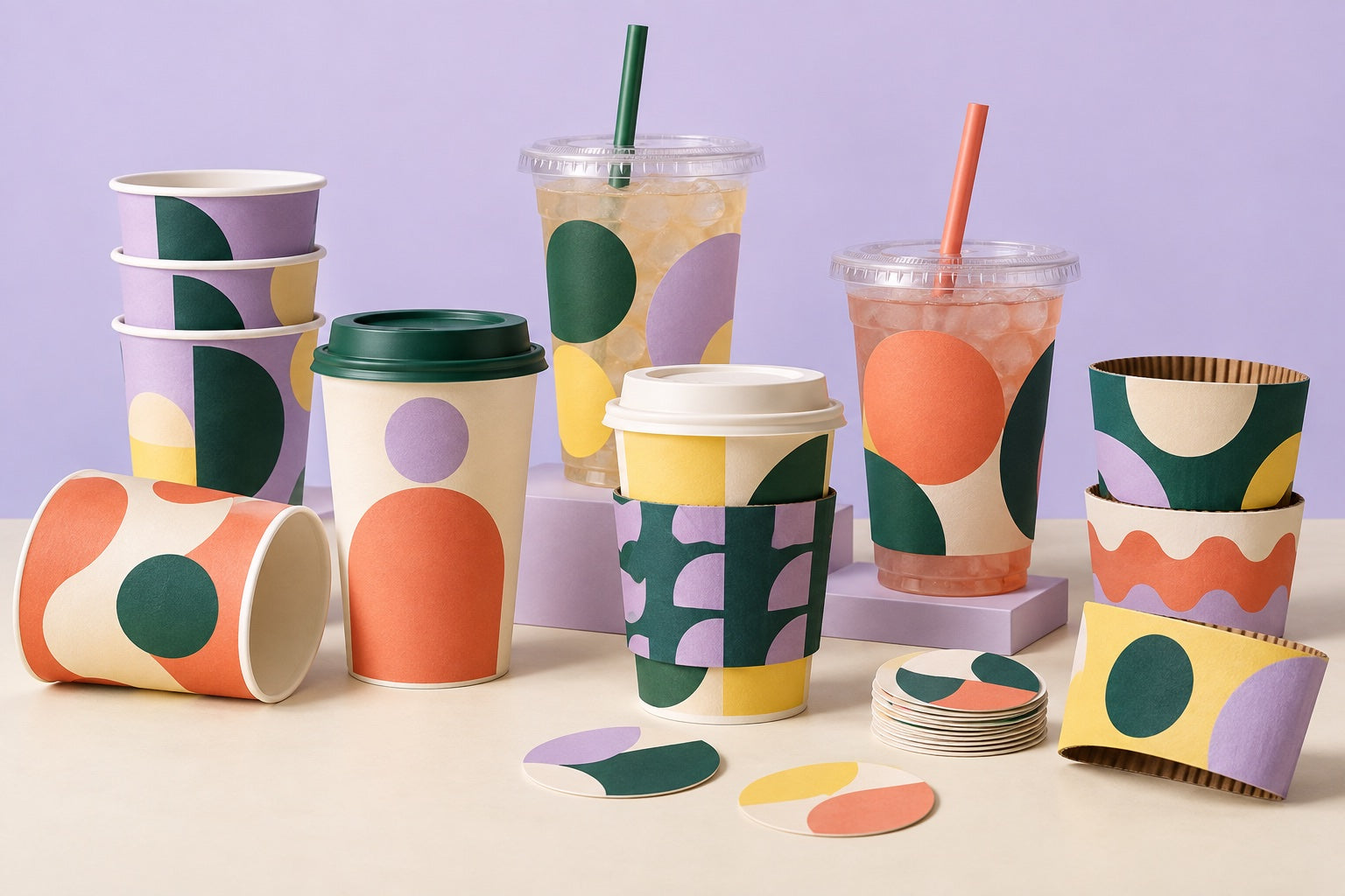 Colourful bespoke hot and cold drink cup concept with coordinated sleeves and stickers