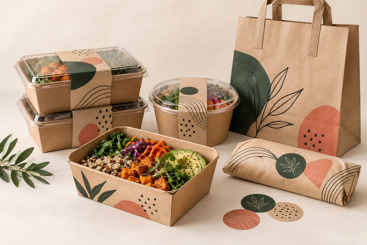 Bespoke kraft takeaway packaging concept with food containers, bowl, bag and seals