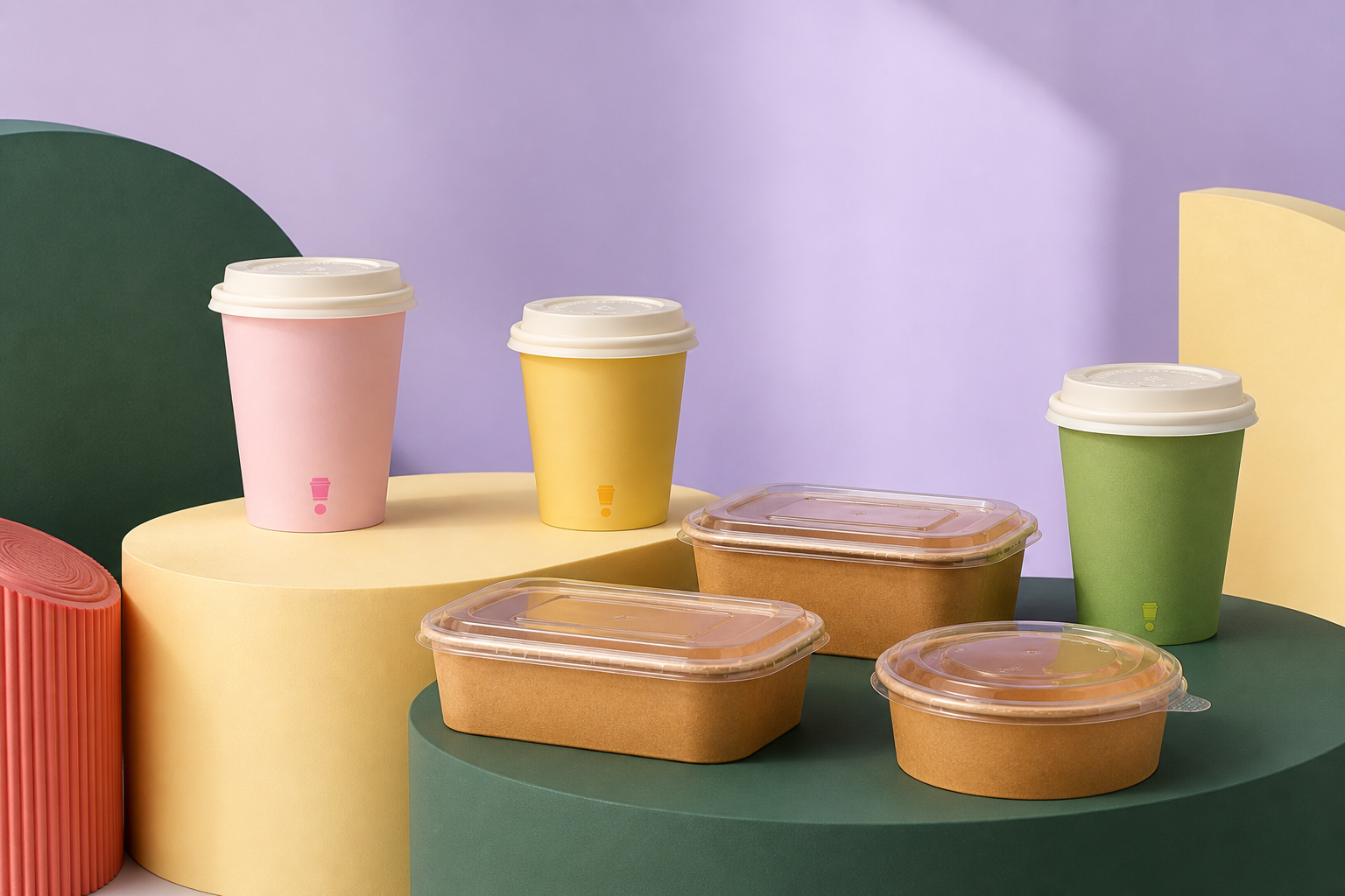 Pastel cups and kraft containers arranged on sculptural coloured plinths