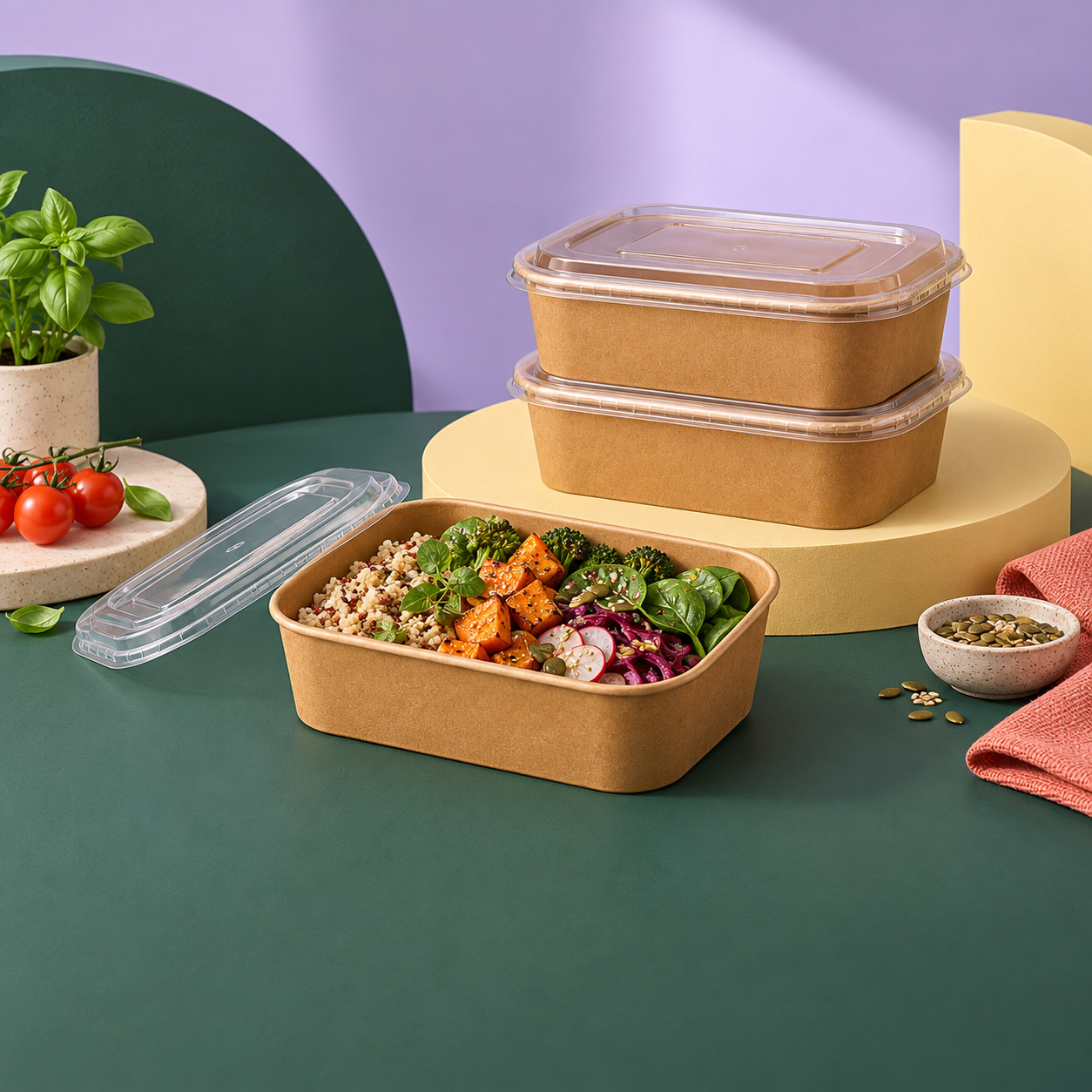 Kraft food containers presented for organised meal preparation